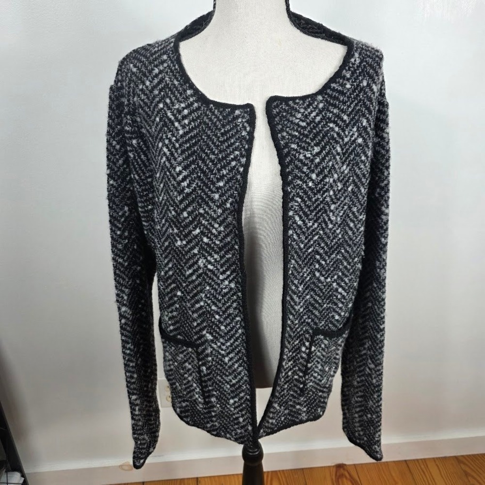 Cocogio Cardigan Jacket Women XL Black White Herringbone Wool Blend‎ Italy